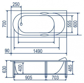 Акриловая ванна Bach Лаура 150×70 система 1  гидромассаж 6 форсунок, каркас